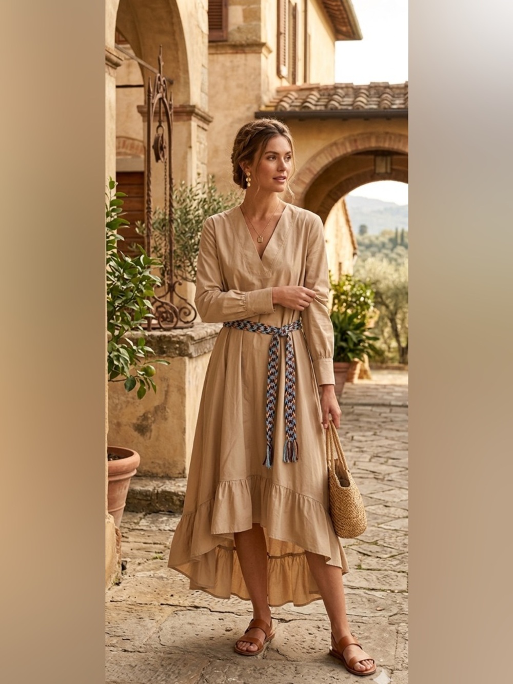 Dixie /DX Collection / Beige V-Neck Cotton High-Low Dress -Italy - Sz L - NWT
